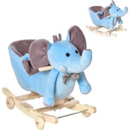 Homcom Animale a Dondolo a forma di Elefante con Rotelle e Cintura, in Peluche, Legno e Acciaio, 60x35x45 cm, Blu