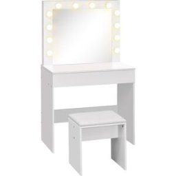 Homcom Tavolo da trucco con sgabello imbottito specchio 12 lampadine a LED ampio cassetto vintage per camera da letto in MDF bianco Aosom