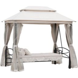 Outsunny Dondolo 3 Posti e Lettino Singolo Copertura a Gazebo con Zanzariera e Cuscini 256x172x248cm Crema Aosom