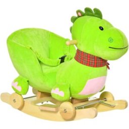 Homcom Cavallo a Dondolo con Ruote, Cavalluccio a Dondolo Drago per Bambini 18-36 Mesi, in Legno e Peluche Verde Aosom