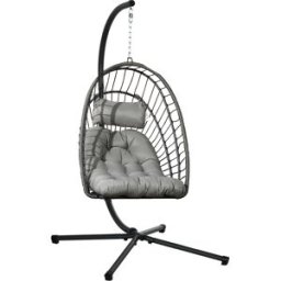Outsunny Poltrona Sospesa in Rattan PE con Cuscino, Seduta Pieghevole e Struttura in Acciaio, Grigio Aosom