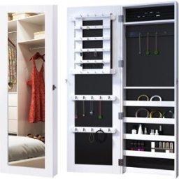 Homcom Specchio da Parete Rettangolare 37x9.5x112cm, Portagioielli con 39 Ganci, 5 Ripiani e Serratura, in Legno MDF, Bianco Aosom