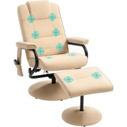 Homcom Poltrona Relax con Pouf Poggiapiedi Reclinabile a 145° con 10 Punti Massaggio e Telecomando in Finta Pelle, Crema