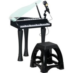 Aiyaplay Pianoforte per Bambini a 32 Tasti con Sgabello, Microfono, Musiche, Luci e Gambe Rimovibili, Nero Aosom