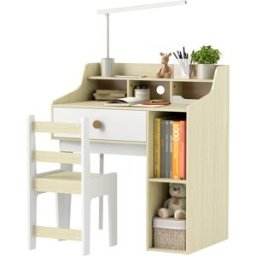 Aiyaplay Set Scrivania per Bambini e Sedia in Legno con Scaffale e Cassetto, Età 3-10 Anni, Bianco e Legno