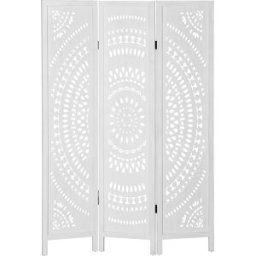 Homcom Separé Paravento da Interni Pieghevole a 3 Pannelli in Legno Intagliato, 120x170cm, Bianco
