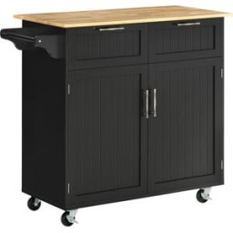 Homcom Carrello da Cucina Multiuso in Legno con 2 Cassetti, Armadietto e 4 Ruote, 104x46x91cm, Nero Aosom
