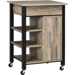 Homcom Carrello da Cucina Portavivande con Cassetto, Mensole, Armadietto e 4 Ruote, Legno Truciolare, 60x50x84.5cm, Quercia