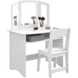 Aiyaplay Set da Trucco per Bambini con Tavolo Toeletta con Specchio Triplo Rimovibile e Sedia in Legno Bianco