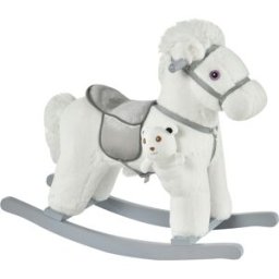 Homcom Cavallo a Dondolo in Peluche e Legno con Suoni e Orsetto Incluso, per Bimbi da 18-36 Mesi, 65x26x55cm, Bianco Aosom