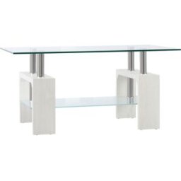 Homcom Tavolino da Caffè Moderno a 2 Livelli in Vetro e Legno, 90x50x42cm, Bianco Aosom