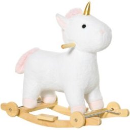 Homcom Cavallo a Dondolo a Unicorno con Base Curva e Ruote, Suoni Integrati e Rivestimento Peluche, 63x38x63cm, Bianco Aosom