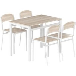 Homcom Set da Pranzo Tavolo e 4 Sedie in Metallo e MDF, Bianco e Legno Aosom