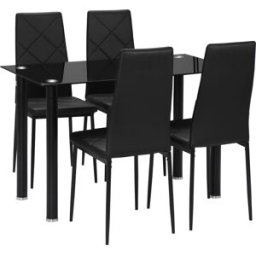 Homcom Set Tavolo da Pranzo Moderno con 4 Sedie Imbottite in Finta Pelle e Piano in Vetro Temperato Nero per Cucina e Soggiorno Elegante Aosom