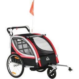 Homcom Rimorchio Bici per Bambini Passeggino, Design 2 in 1 con Freno, Cintura a 5 Punti e Tasche Laterali, 116-142x75x101cm, Multicolore Aosom