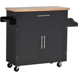 Homcom Carrello da Cucina con Cassetto, Portaspezie e Armadietto, 4 Ruote e Piano di Lavoro in Legno, 109x40x89cm, Nero Aosom