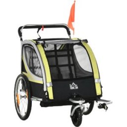 Homcom Rimorchio per Bicicletta per 2 Bambini 2 in 1, Passeggino con Cinture di Sicurezza, Catarifrangenti e Bandierina, Giallo Aosom