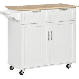 Homcom Carrello da Cucina Multiuso in Legno con 2 Cassetti, Armadietto e 4 Ruote, 104x46x91cm, Bianco Aosom