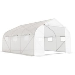 Outsunny Serra per Orto a Tunnel con 6 Finestre e Porta Avvolgibile, Serra da Giardino a Tunnel in PE con Tubi in Metallo, per Piante e Frutto, 4.5x3m, Bianco