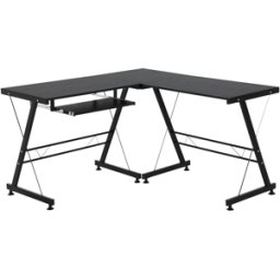 Homcom Scrivania Moderna Nera ad Angolo Dritta Postazione da Lavoro per Computer con Vano Tastiera MDF, acciaio a forma di L Aosom