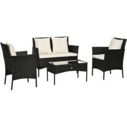 Outsunny Set da Giardino 4Pezzi in Rattan con 2 Sedie, Poltrona da Giardino a 2 Posti e Tavolino Basso Aosom