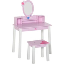 Homcom Toeletta per Bambine +3 Anni in Legno, Set Tavolo da Trucco Giocattolo con Specchio e Sgabello, Rosa Aosom
