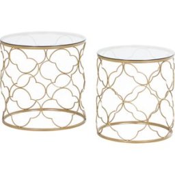 Homcom Set di 2 Tavolini da Salotto Impilabili Art Deco in Metallo con Piano in Vetro, Oro Aosom