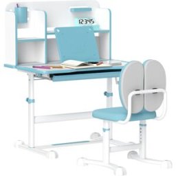 Aiyaplay Set Scrivania e Sedia Regolabili per Bambini con Piano Inclinabile e Cassetto Scaffale Ergonomico Blu per Studio e Gioco Aosom