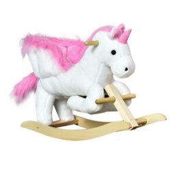 Homcom Cavallo a Dondolo a Forma di Unicorno con Musica, Struttura in Metallo e Legno, Rivestimento Peluche, 65x32x55cm, Bianco Rosa Aosom