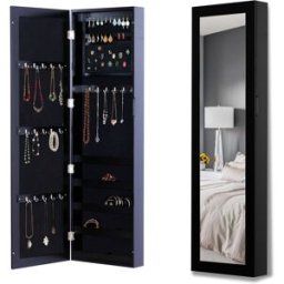 Homcom Armadio Portagioielli da Parete con Specchio in Legno MDF, Nero,37x9.5x121cm Aosom