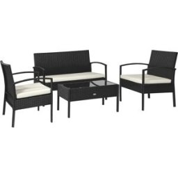 Outsunny Set Mobili da Giardino in Rattan Sintetico Composto da 1 tavolino 2 poltrone e 1 divano a 2 posti Nero e Crema Aosom