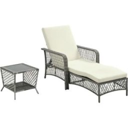 Outsunny Set Lettino Prendisole e Tavolino in Rattan PE, Sdraio da Giardino Regolabile su 5 Posizioni e Tavolino a 2 Ripiani, Bianco Crema Aosom