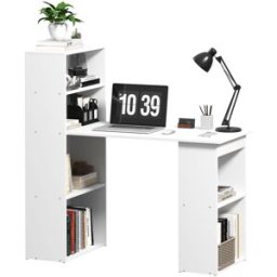 Homcom Scrivania Computer con Libreria Porta PC Salvaspazio, Tavolo da Pranzo per Ufficio e Studio, 120x55x120 cm, Bianco Aosom