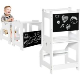 Homcom Scala Montessori 2 in 1 in MDF Staccabile, con Sgabello, Lavagna Inclusi, per Bambini 3-6 Anni, Bianco Aosom