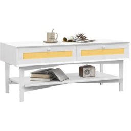 Homcom Tavolino da Caffè Boho con 2 Cassetti e Ripiano, in Rattan e Truciolato, 120x50x50 cm, Bianco e color Legno Aosom