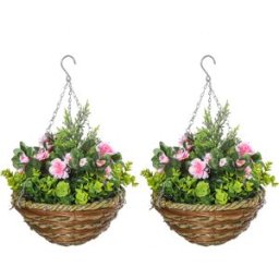 Outsunny Set di 2 Piante Finte Lisianthus da Appendere per Interno ed Esterno con Vaso in Vimini e Catenelle, Ф25x34cm, Rosa e Verde Aosom