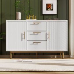 Ab Store Credenza Elegante con 2 Ante e 3 Cassetti, Design Moderno con Maniglie Decorative Oro, per Soggiorno e Camera da Letto, Bianco