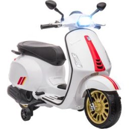 Aiyaplay Moto Elettrica per Bambini a Licenza Vespa con Rotelle, Fanale e Musica, in PP e Metallo, 107x47x73 cm, Bianco