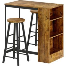 Homcom Set da Pranzo con Bancone Bar con 3 Ripiani e 2 Sgabelli Alti con Poggiapiedi Stile Industriale, Marrone