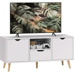 Homcom Mobile Porta TV max 50" con Cassetto, Ripiano Aperto e Armadietti, 110x40x50 cm, Bianco e Legno