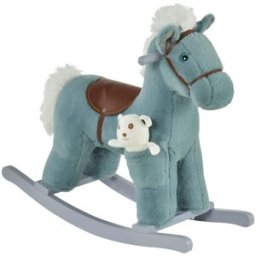 Homcom Cavallo a Dondolo in Peluche e Legno con Suoni e Orsetto Incluso, per Bimbi da 18-36 Mesi, 65x26x55cm, Blu Aosom