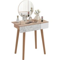 Homcom Tavolo da Trucco con specchio, ampio cassetto, gambe in legno, rovere e bianco, 70 x 39 x 120cm Aosom