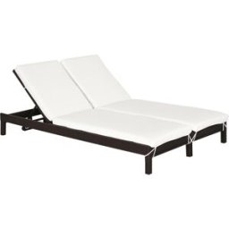 Outsunny Lettino Prendisole a 2 Posti, Sdraio in Acciaio e Rattan, Schienale Regolabile, 195 x 120 x 28cm Marrone e Bianco Crema Aosom