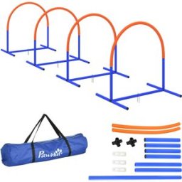 Pawhut Set Agility Dog con 4 Archi Componibili e Borsa da Trasporto, in PE e ABS, 88x64x95 cm, Blu e Arancione