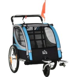 Homcom Rimorchio Bici per Bambini e Passeggino 2 in 1 con Cintura, Tasche e Bandierina, Blu