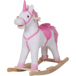 Homcom Cavallo a Dondolo Unicorno in Legno, Giocattolo Cavalcabile Peluche per Bambini, Design Affascinante, 78 × 28 × 68cm - Rosa Aosom