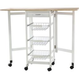 Homcom Carrello da Cucina con 3 Cestini, Cassetto e Ribalte, 6 Ruote Girevoli, in MDF e Metallo, 37x37x77.5cm, Bianco e Legno Aosom