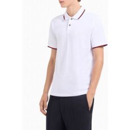 Armani Polo bianca in piquè di cotone con bordino rosso e blu