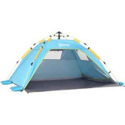 Outsunny Tenda da Spiaggia Pop Up con Porta a Cerniera, in Poliestere e Fibra di Vetro, 220x173x120 cm, Blu Chiaro e Giallo