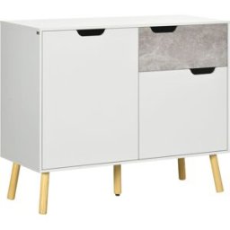 Homcom Mobile da Salotto con 2 Armadietti a 2 Ante e Cassetto, Credenza Moderna in Truciolato e Legno di Pino, 98x39x81.5 cm, Grigio e Bianco Aosom